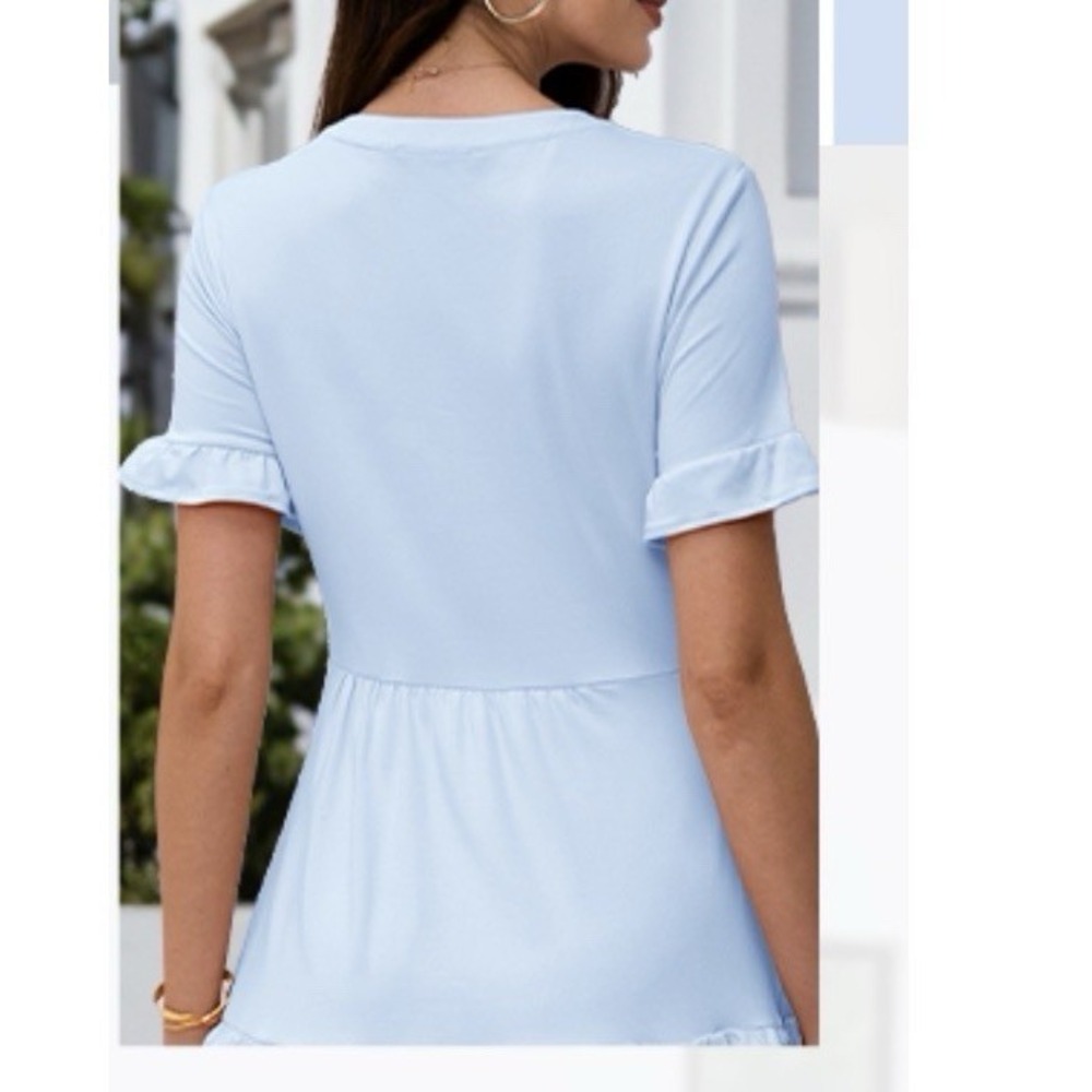 NWT M Light Blue Ruffle Short Sleeve V Neck A Lined Cottagecore Whimsical Dress - Picture 9 of 13